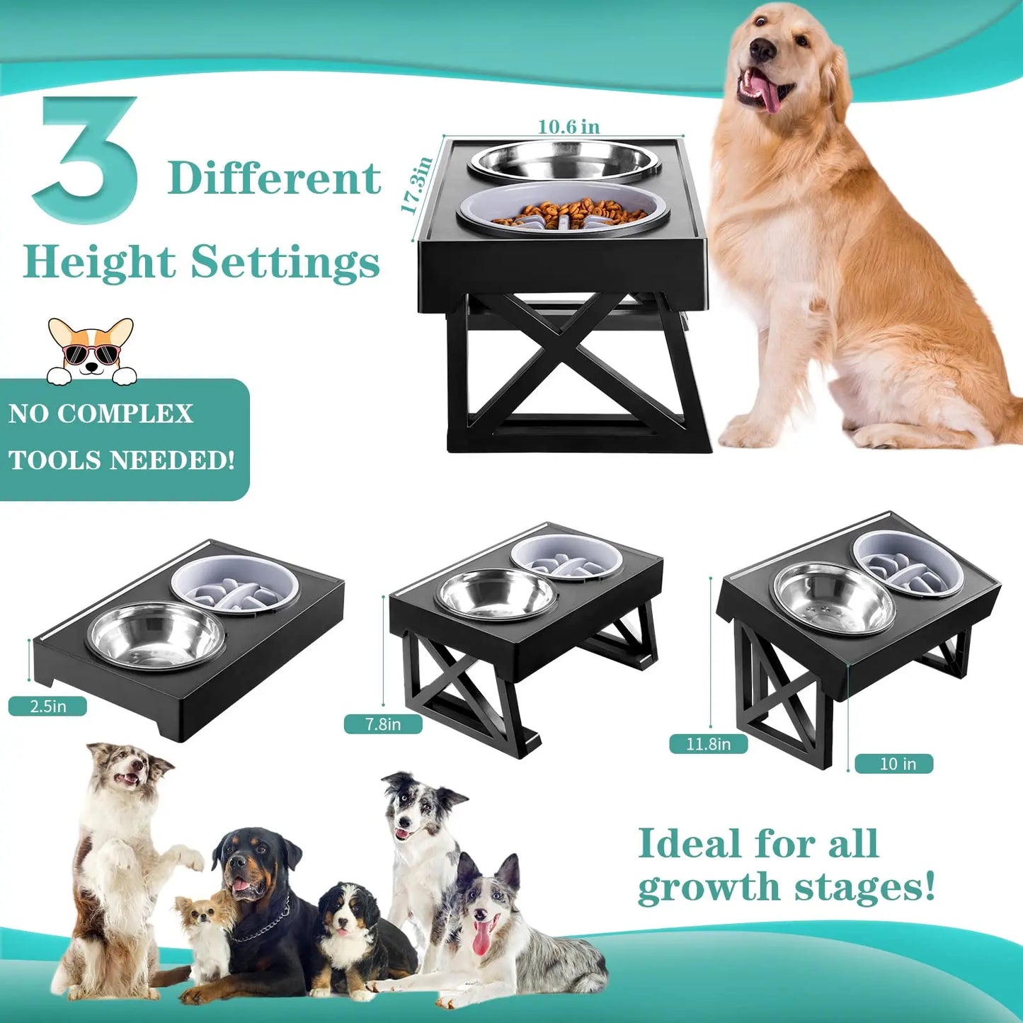 Adjustable Elevated Dog Bowls - Stainless Steel